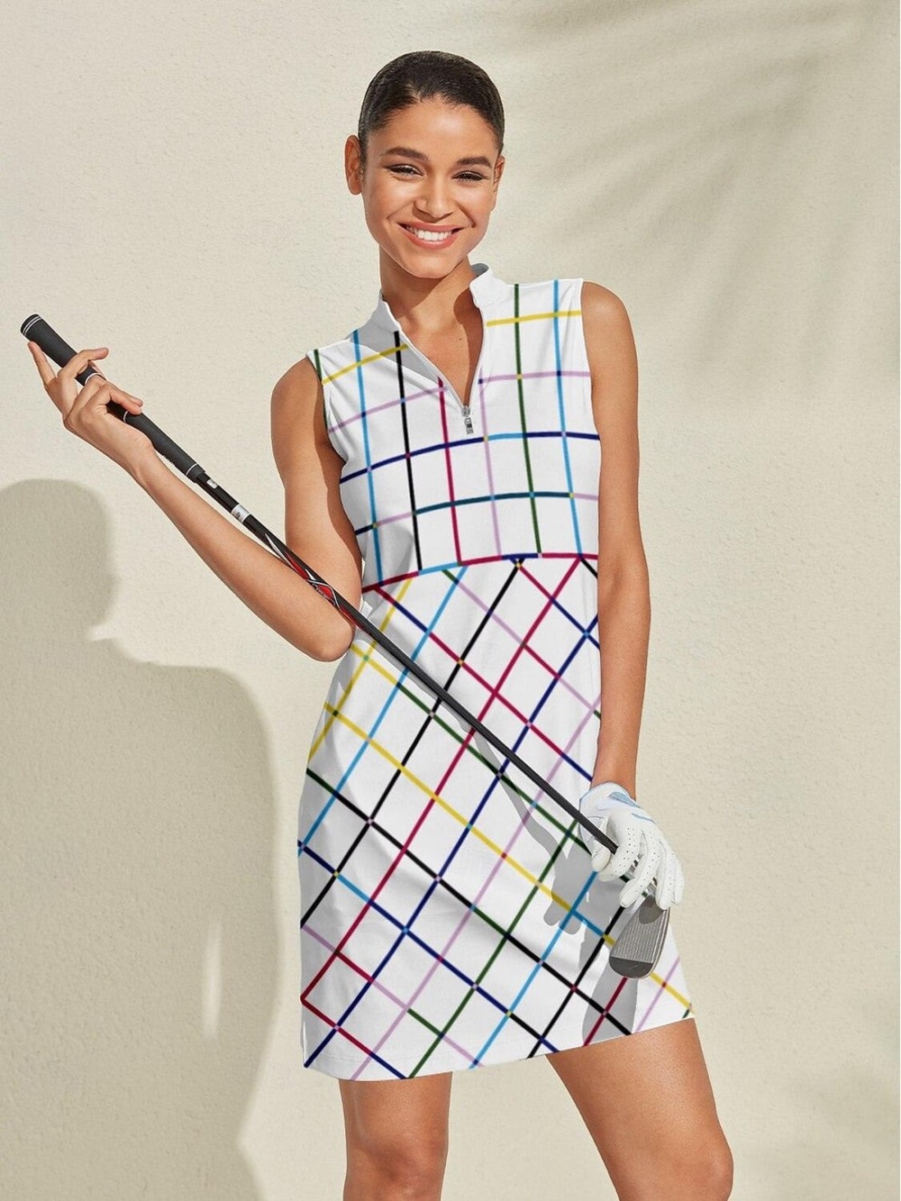 NWT ACEGFS Not So Classic Sleeveless Dress UPF UV 50 Plaid Colourful Rainbow Med